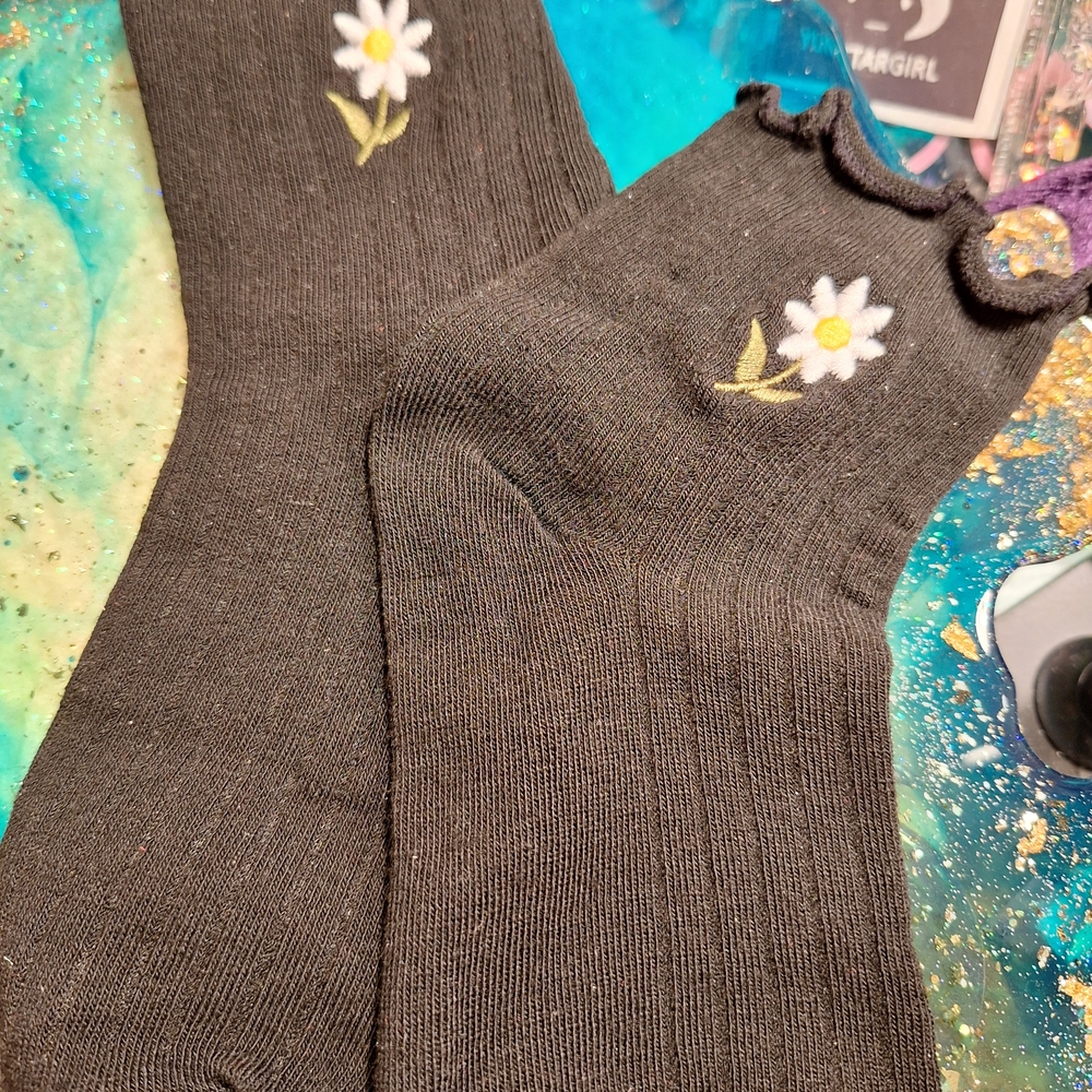 Limited Too Kids Black Floral Embroidered Socks